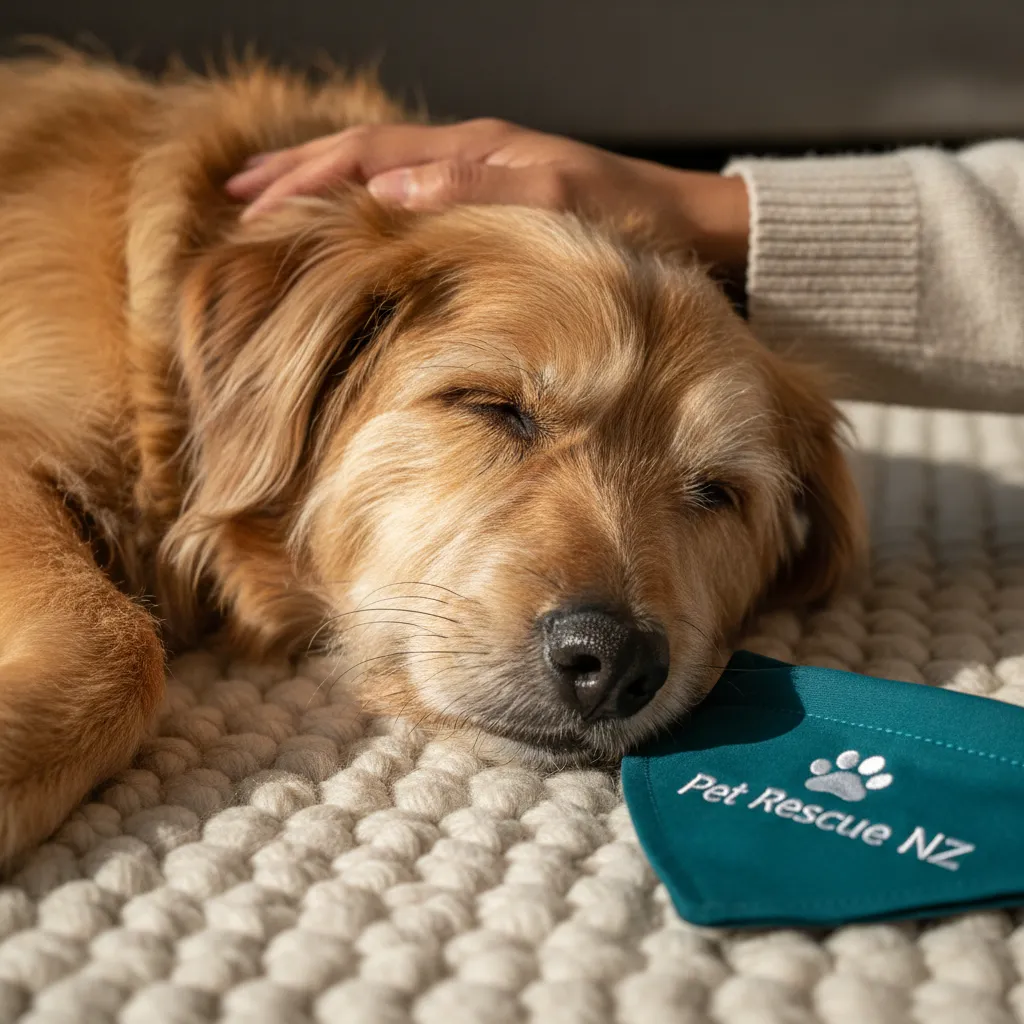A relaxed dog resting safely at home, highlighting the zero cage time philosophy