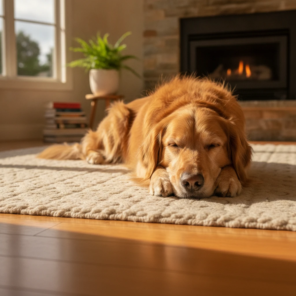A relaxed dog resting safely at home, highlighting the zero cage time approach to dog rehoming in NZ