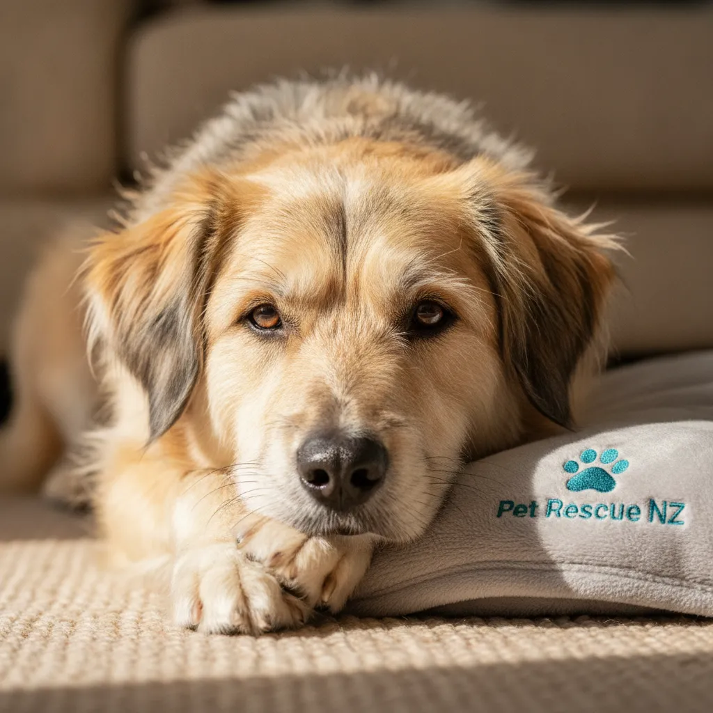 A relaxed dog resting safely in a home environment, representing the zero cage time philosophy
