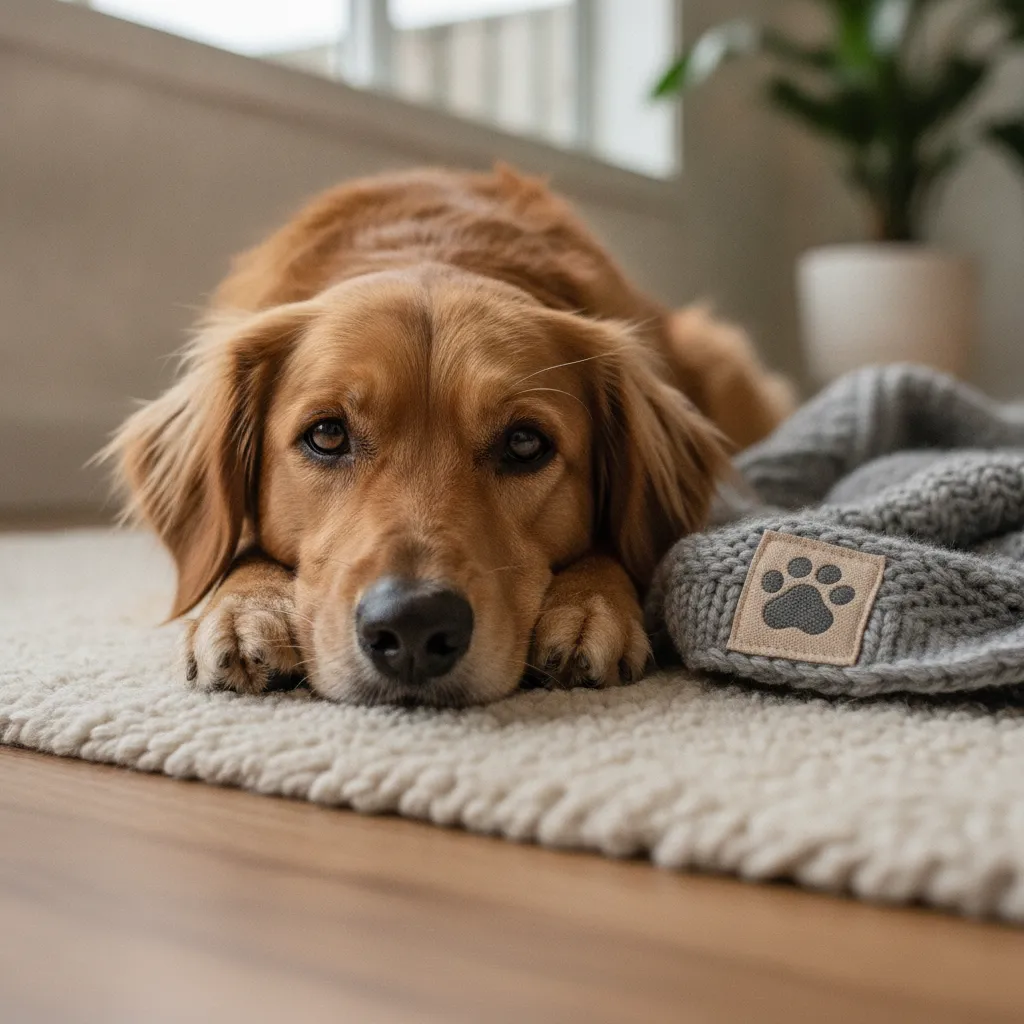 A relaxed dog resting safely in a home environment, avoiding the stress of animal shelters