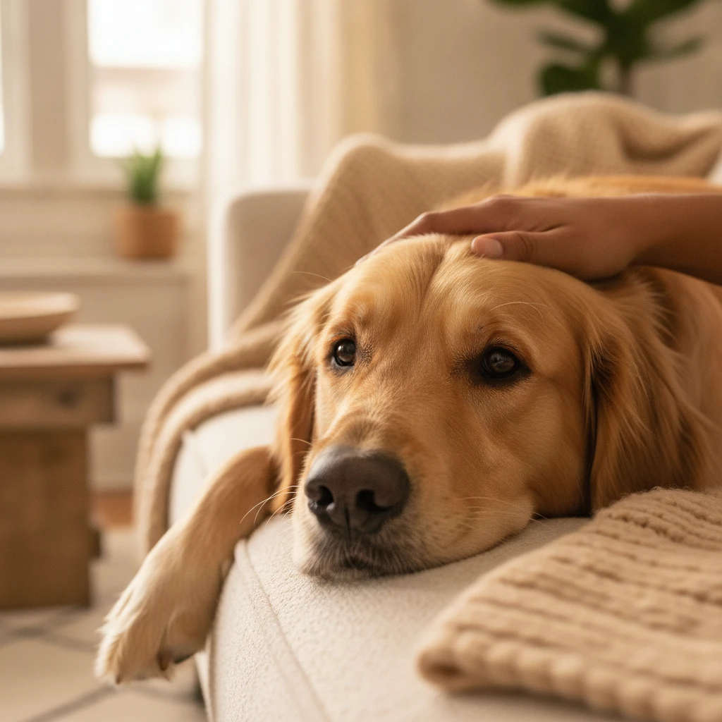 A relaxed dog resting safely on a couch at home