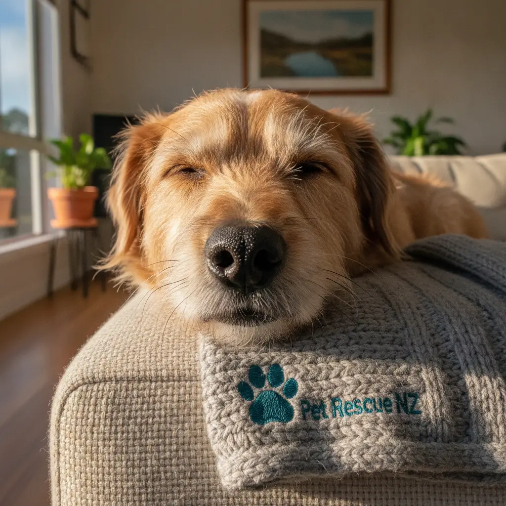 A relaxed dog resting safely on a couch, highlighting the zero cage time approach to pet rehoming in NZ