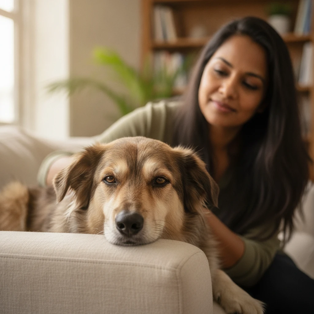 A relaxed dog resting safely on a couch, representing the zero cage time rehoming approach