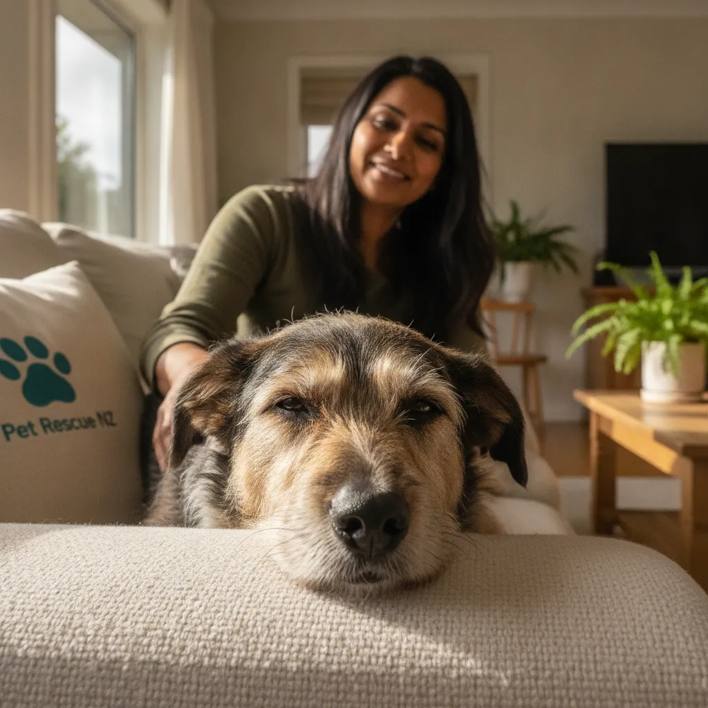 A relaxed dog resting safely on a couch, representing a successful home-to-home adoption