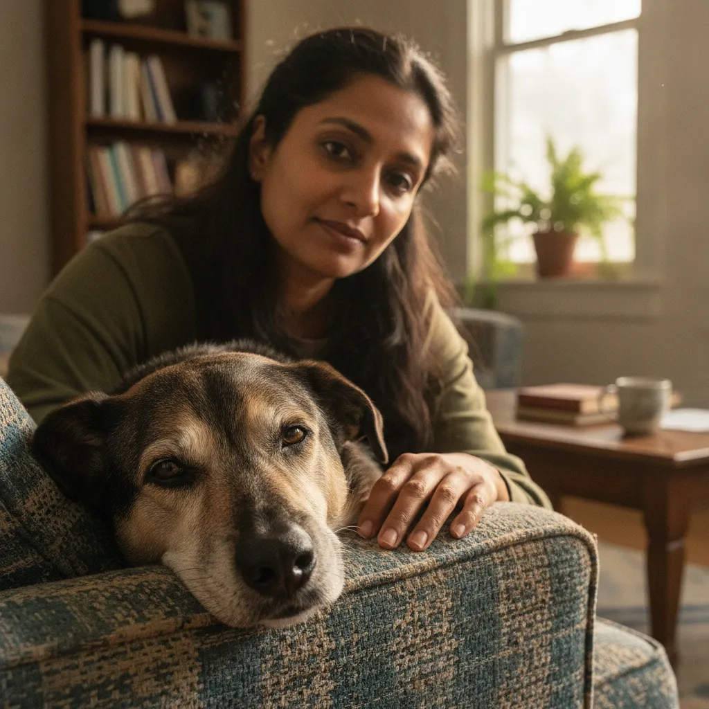 A relaxed dog resting safely on a couch, representing zero cage time rehoming