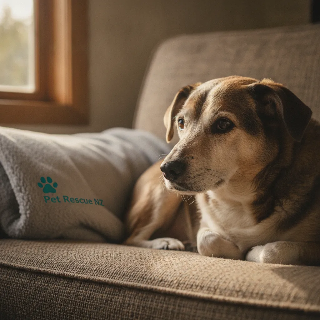 A relaxed dog resting safely on a home couch, representing zero cage time