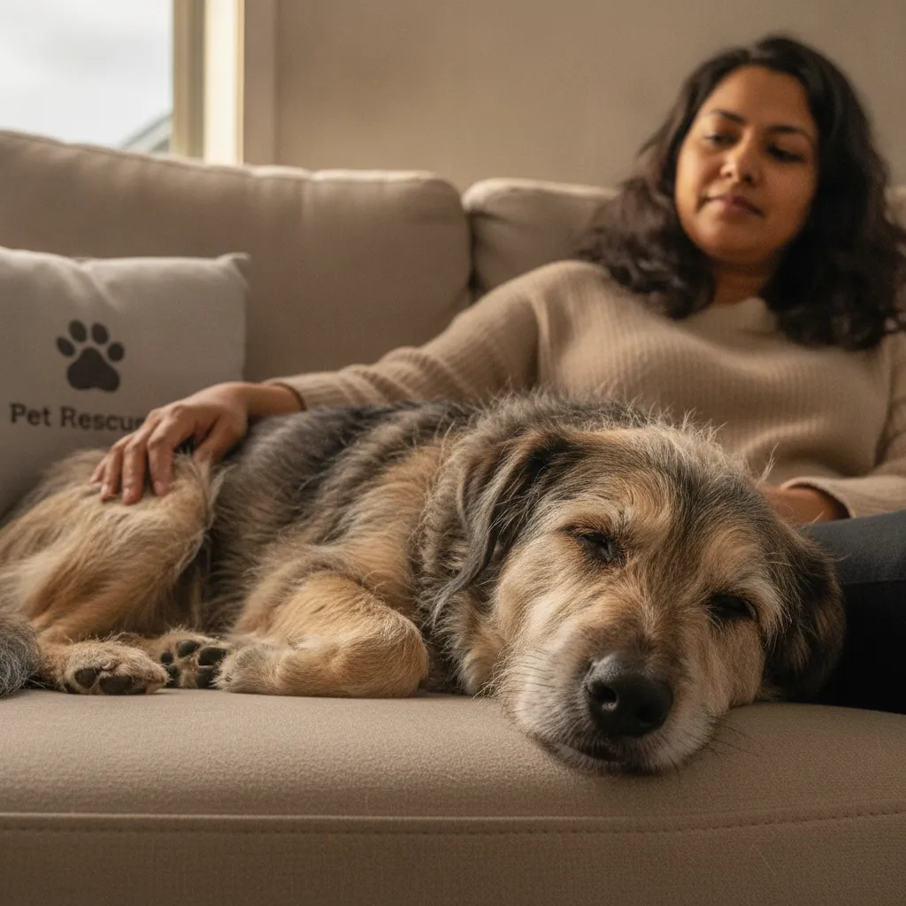 A relaxed dog resting safely on a home sofa