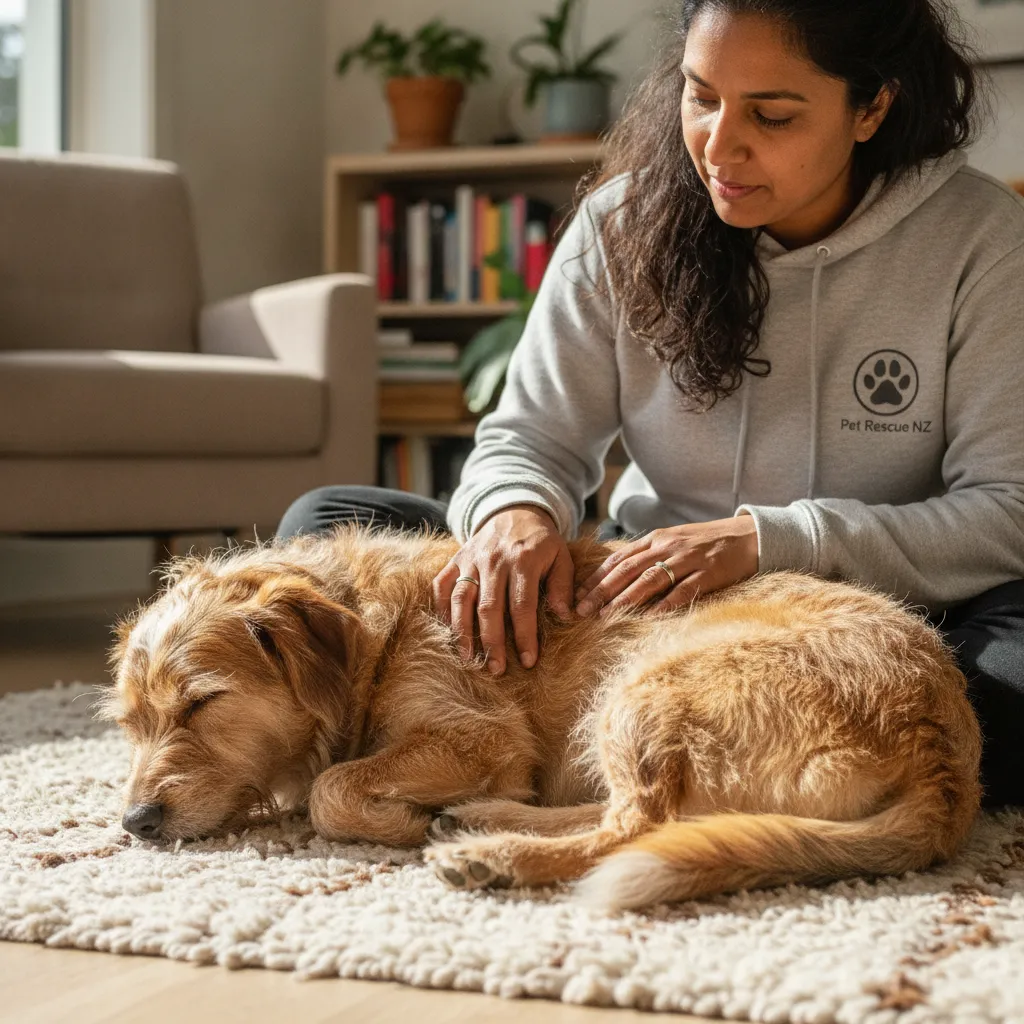 A relaxed dog resting safely on a living room rug during a home-to-home pet adoption transition