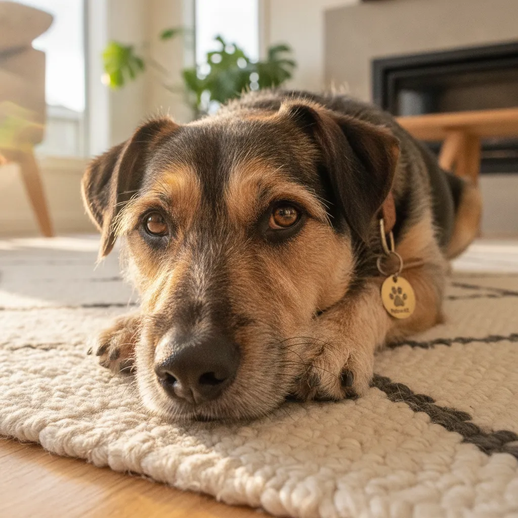 A relaxed dog resting safely on a rug at home, demonstrating the zero cage time approach to rehoming