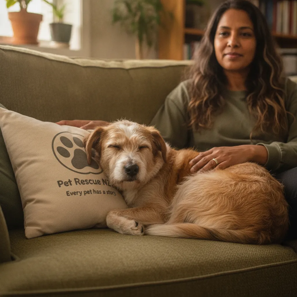 A relaxed dog sleeping comfortably on a home couch, representing the zero cage time rehoming philosophy