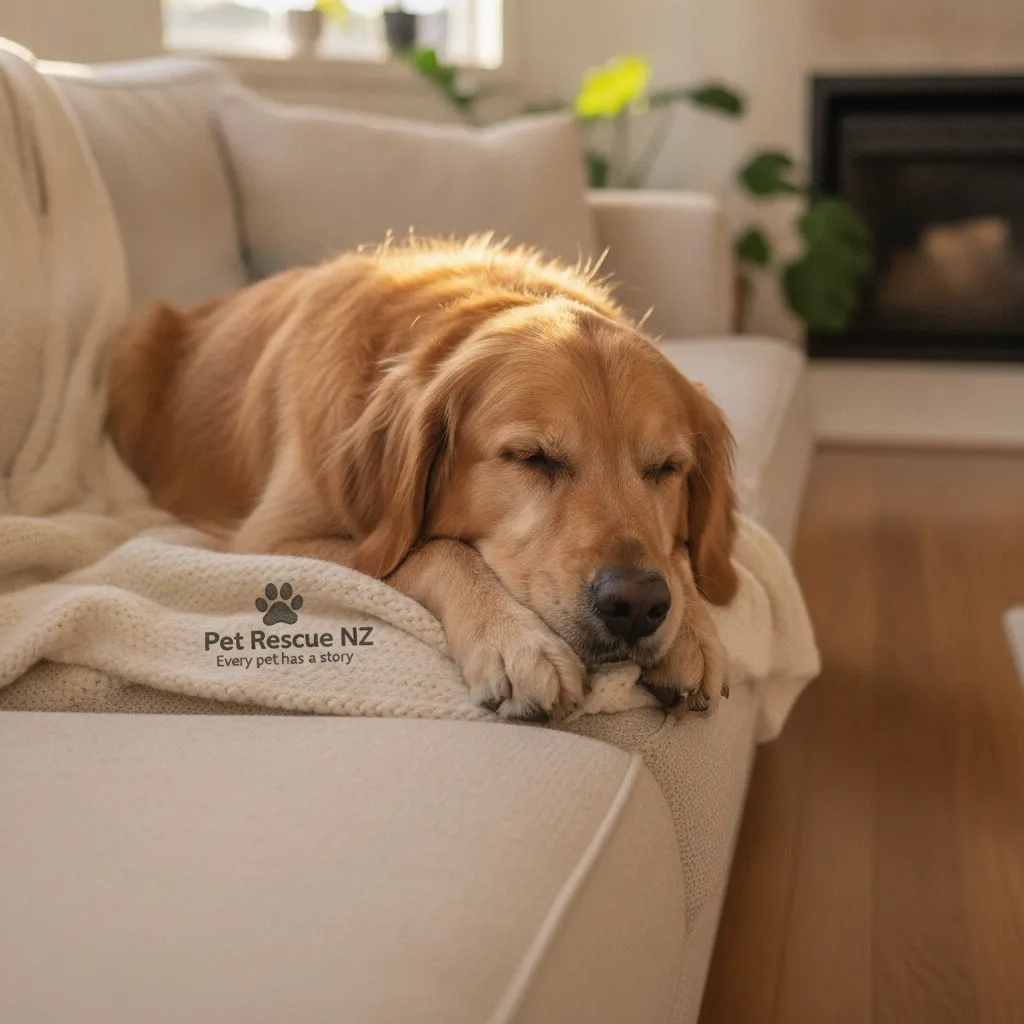 A relaxed dog sleeping on a couch, representing the zero cage time movement