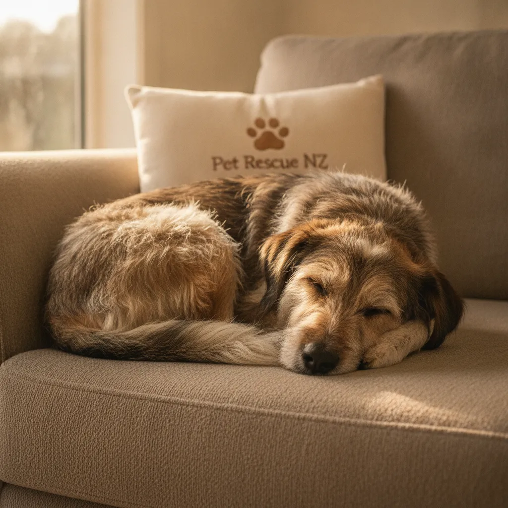 A relaxed dog sleeping safely on a couch, highlighting the zero cage time approach to pet rehoming in NZ