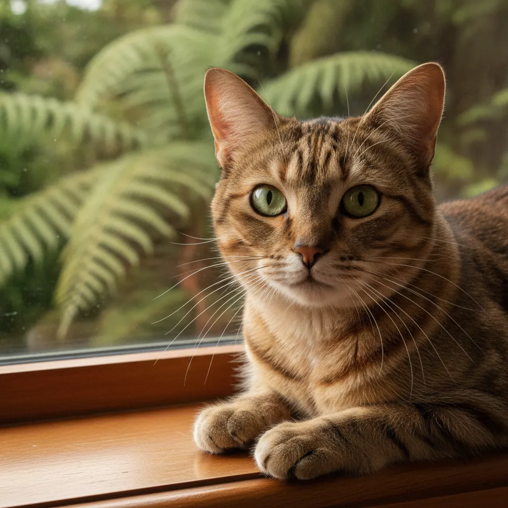 A relaxed domestic cat sitting on a windowsill at home