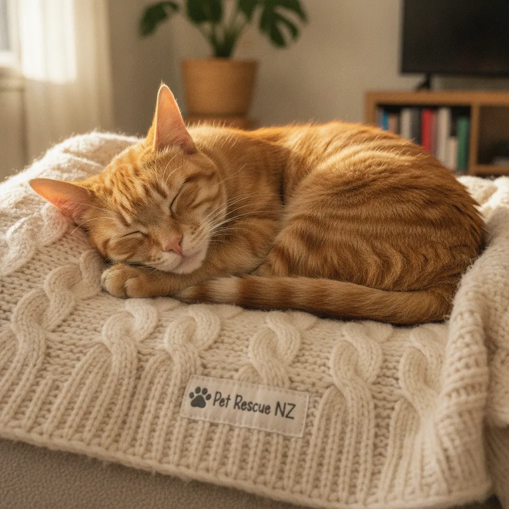 A relaxed ginger cat sleeping on a blanket, representing the comfort of home-to-home pet adoption