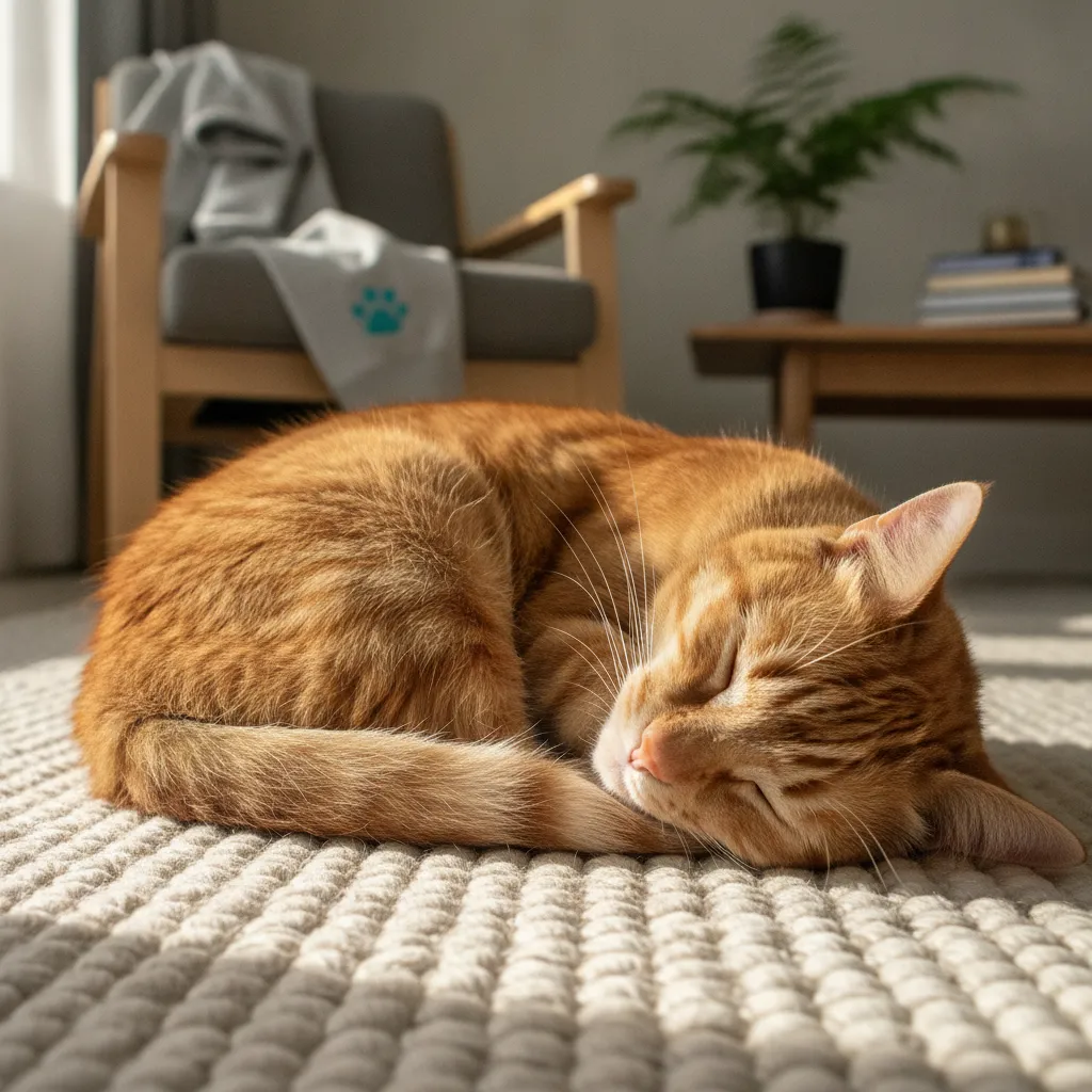 A relaxed ginger cat sleeping safely in a warm home environment, representing zero cage time