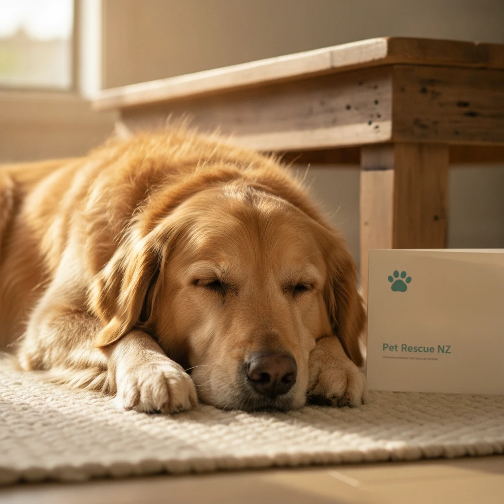 A relaxed Golden Retriever resting comfortably on a living room rug, representing a stress-free home environment