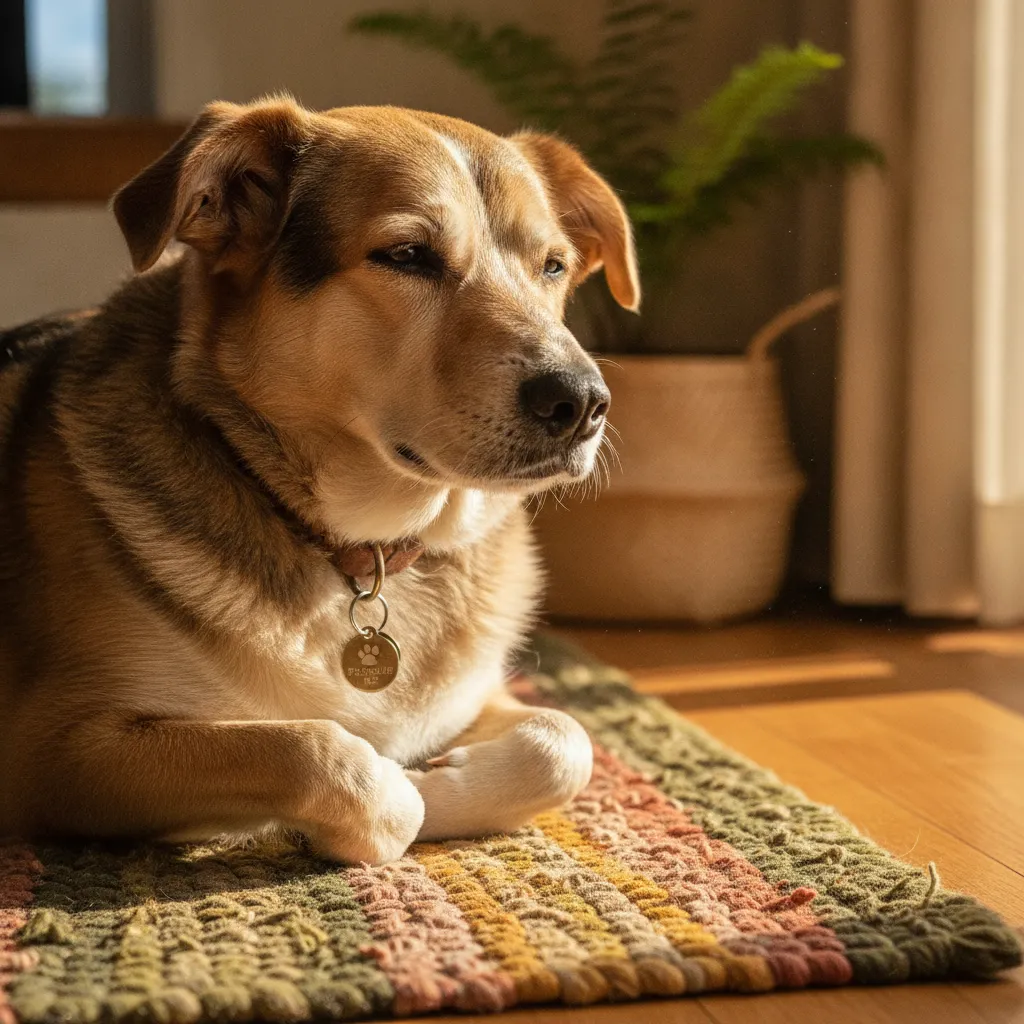A relaxed mixed-breed dog resting comfortably on a living room rug in a home environment