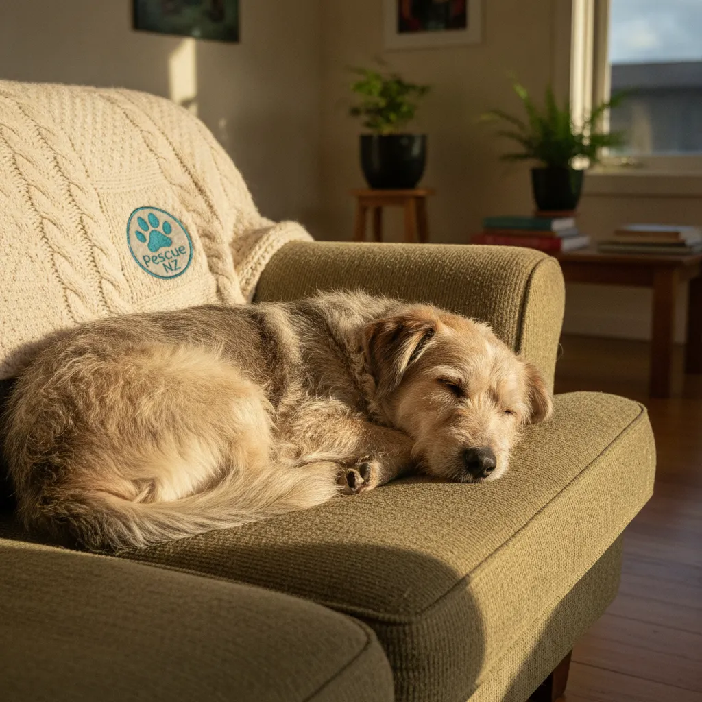 A relaxed mixed-breed dog sleeping comfortably on a living room couch, representing a zero cage time home environment