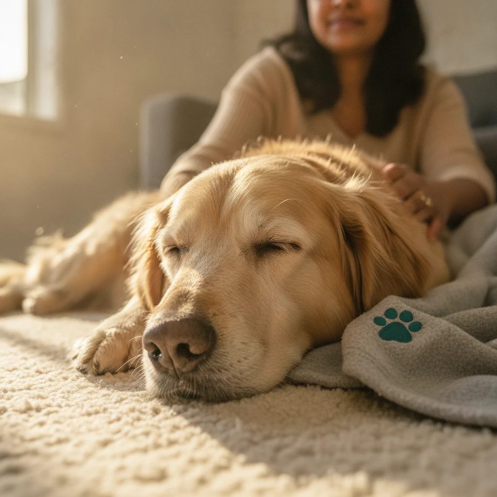 A relaxed senior dog resting comfortably on a living room rug, illustrating the stress-free environment of home rehoming