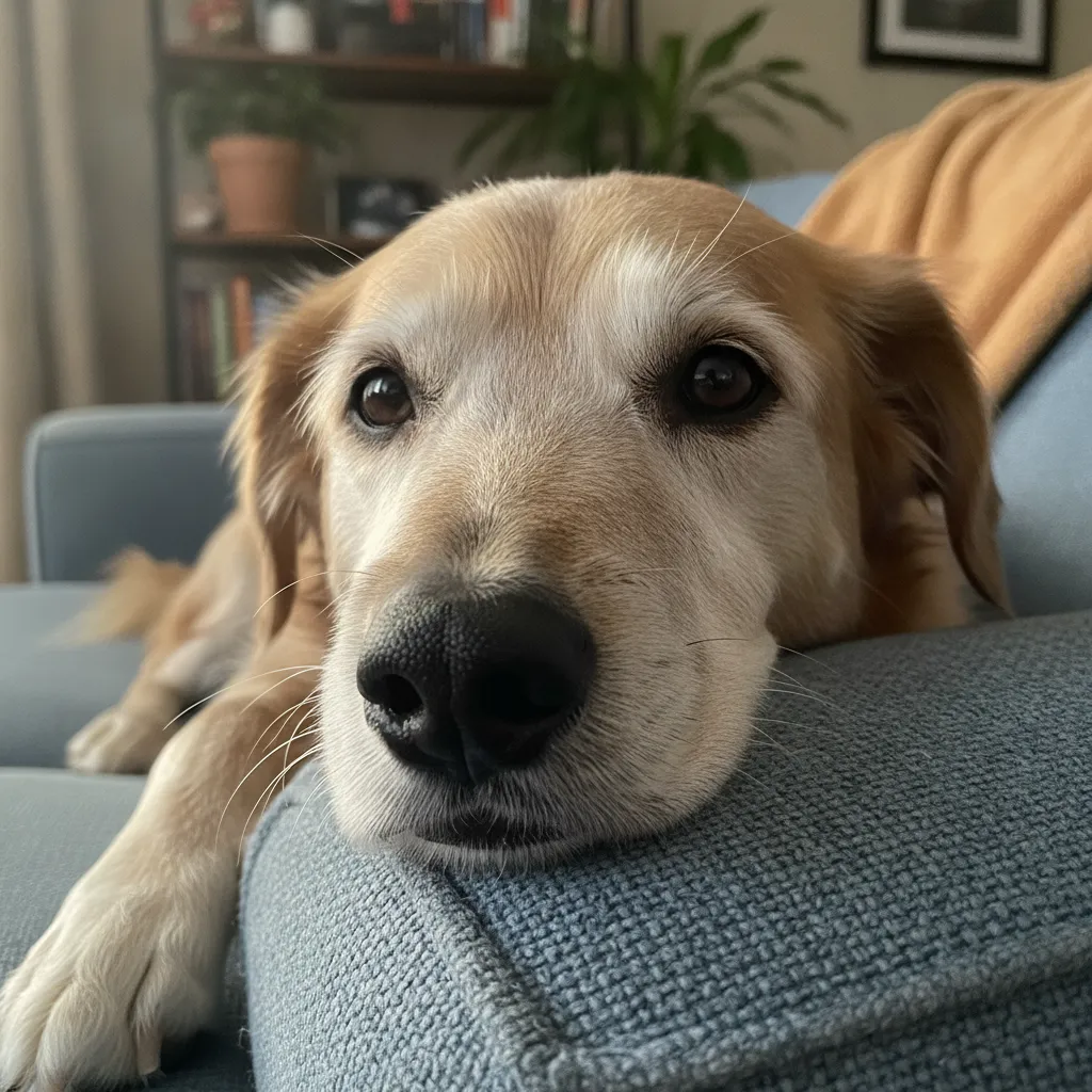 A relaxed senior dog resting safely on a couch at home, representing zero cage time