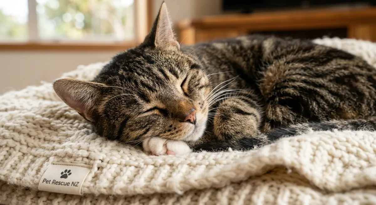 A relaxed tabby cat resting safely indoors
