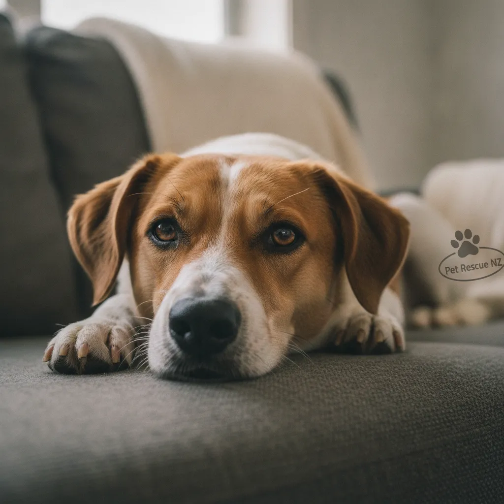 A rescue dog resting peacefully on a couch at home, illustrating the zero cage time approach