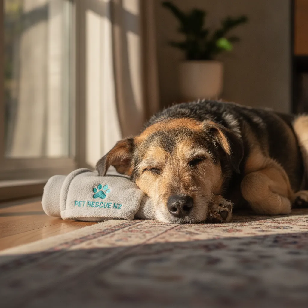 A rescue dog sleeping peacefully in a home environment, representing zero cage time