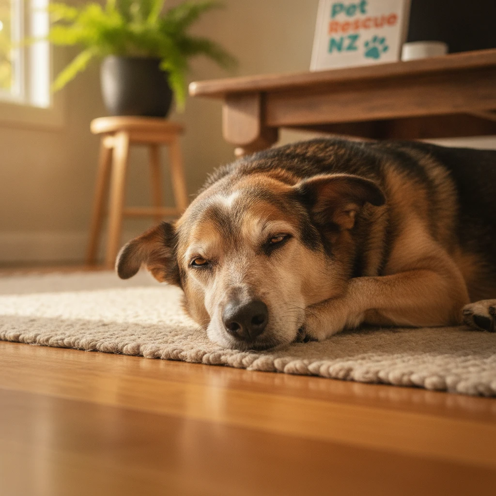 A senior dog resting comfortably on a rug in a warm Kiwi home