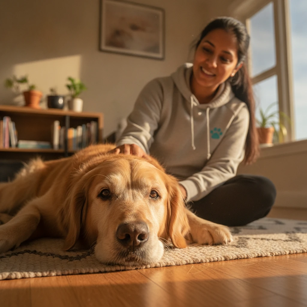 A senior dog resting peacefully at home, avoiding the stress of a shelter environment