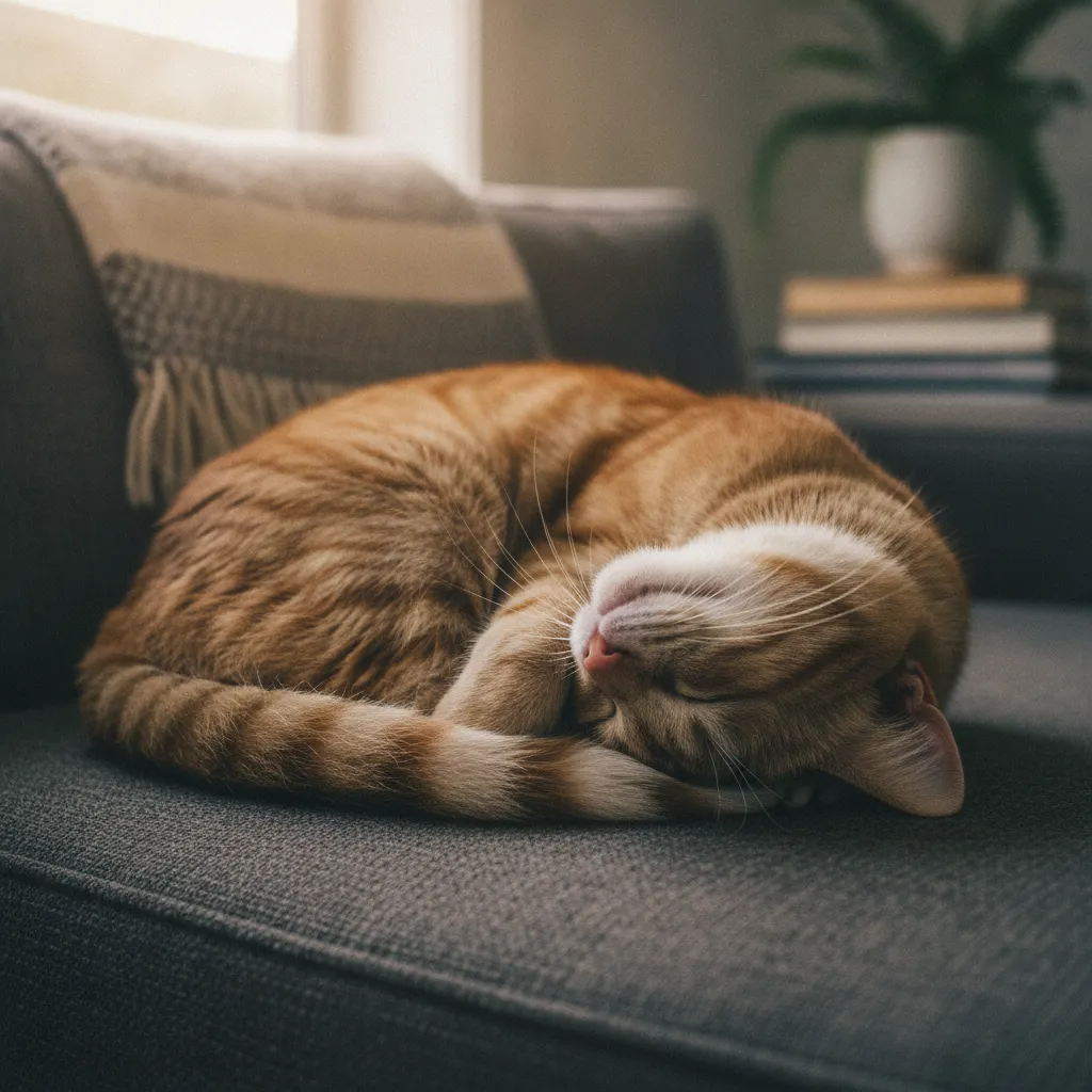 A sleeping ginger tabby cat resting comfortably on a home sofa