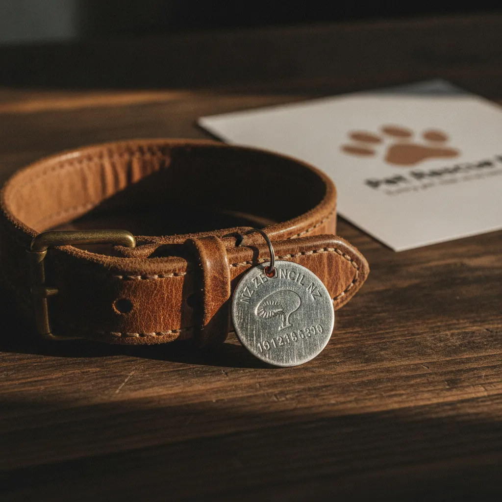 A well-worn leather dog collar and council registration tag resting on a table