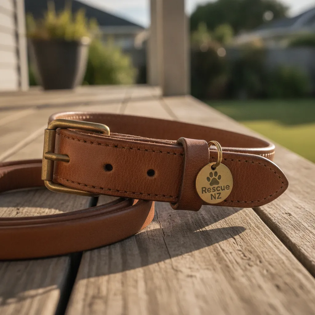 A well-worn leather dog collar and leash resting on a wooden porch