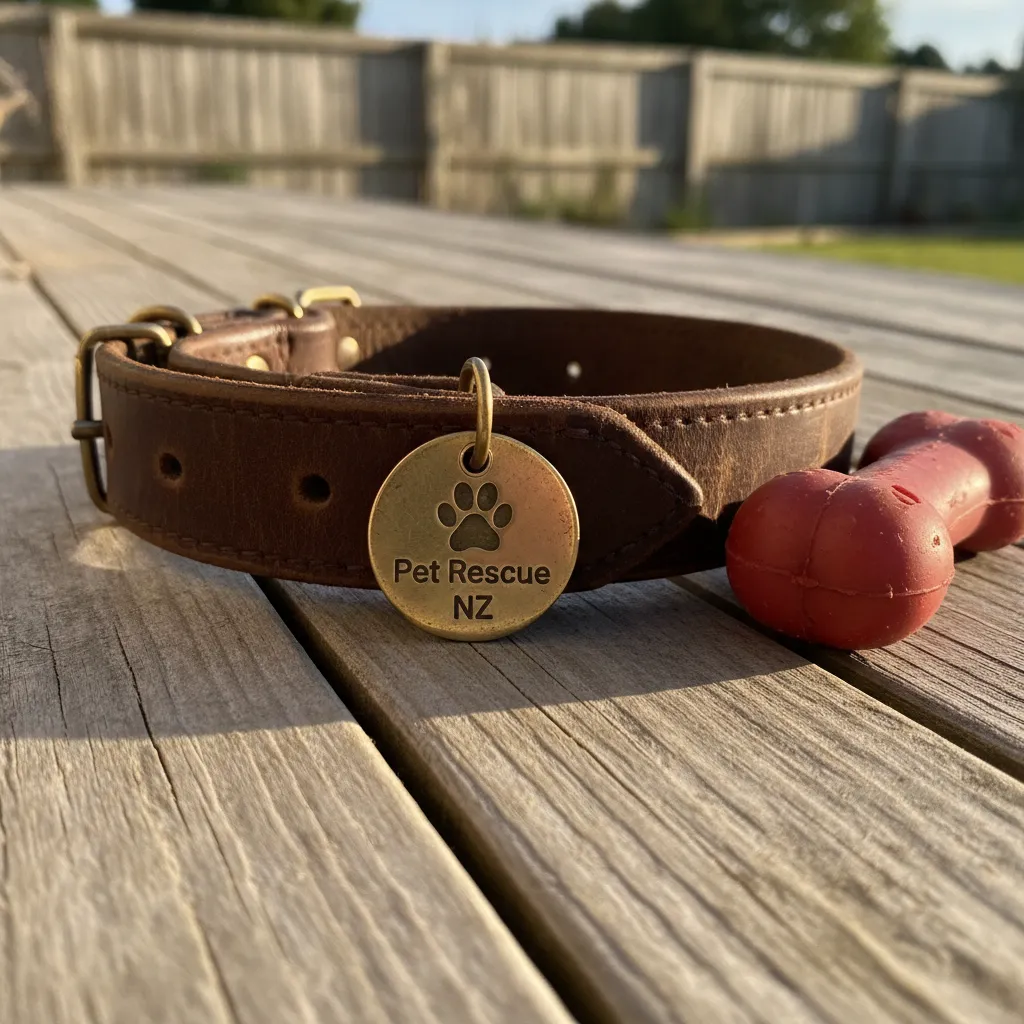 A worn leather dog collar and toy on a deck, symbolising the emotional handover of a pet to a new family