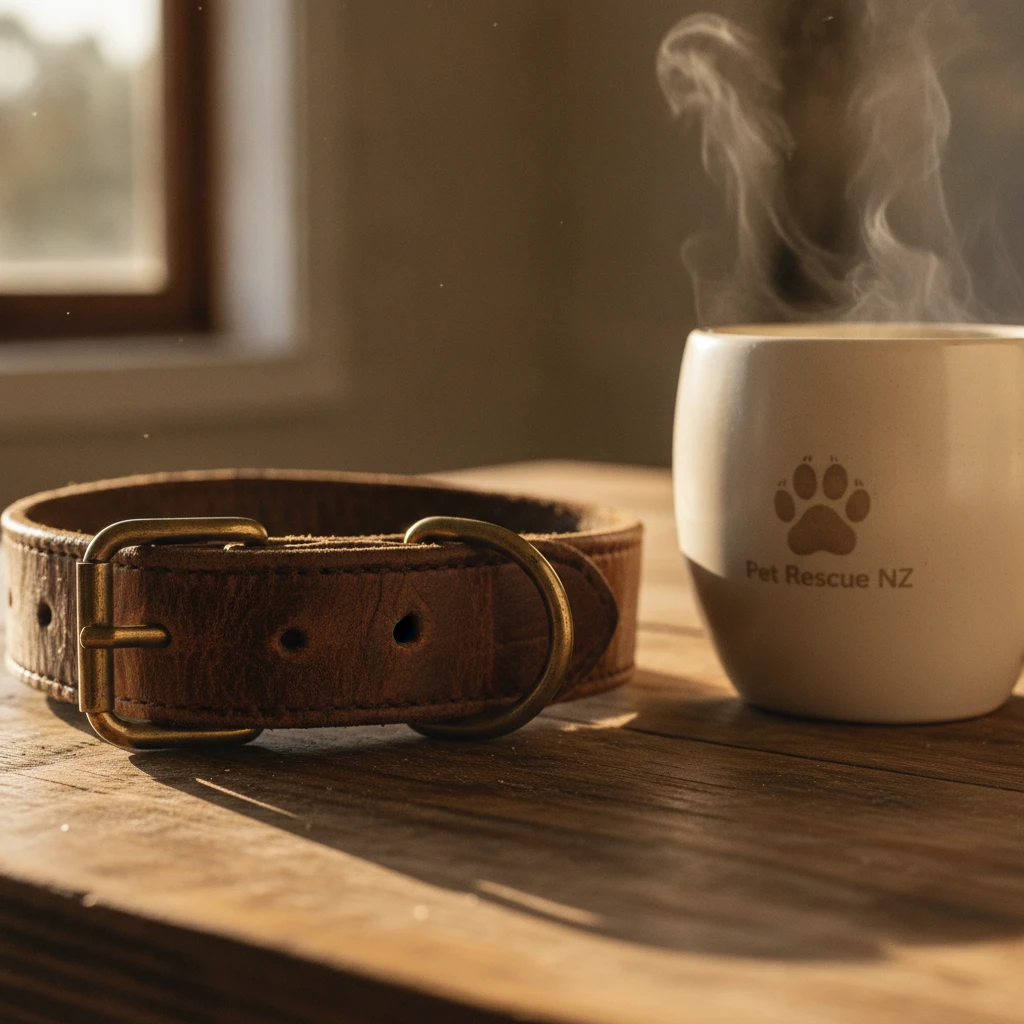 A worn leather dog collar resting on a table, representing the grief of pet rehoming