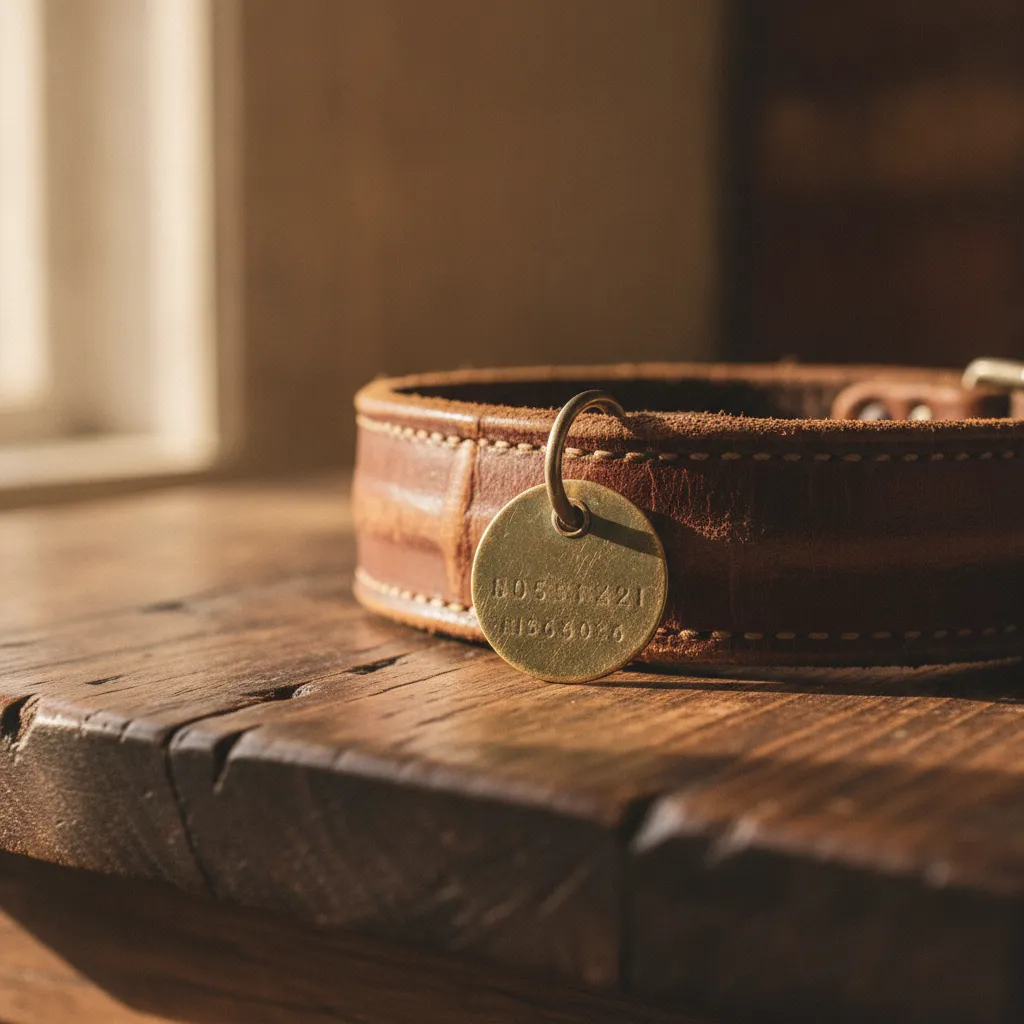 A worn leather dog collar with a council tag resting on a table, symbolising the legal transfer of a pet in New Zealand