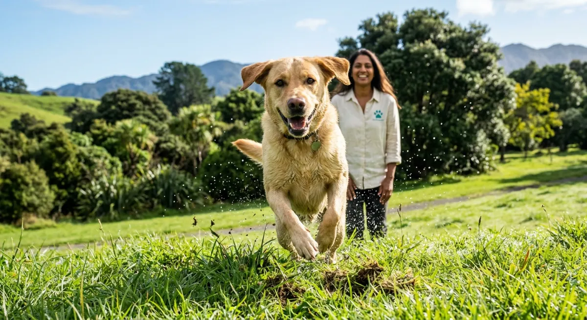 An active dog exercising outdoors, showing positive emotional states and physical health