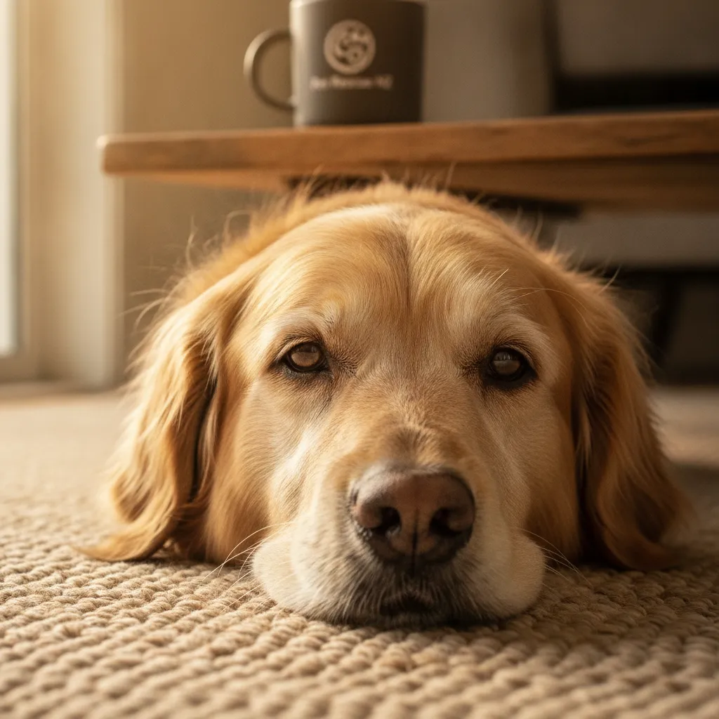 An older Golden Retriever resting peacefully at home