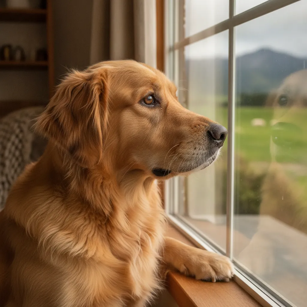 Anxious golden retriever looking out a window
