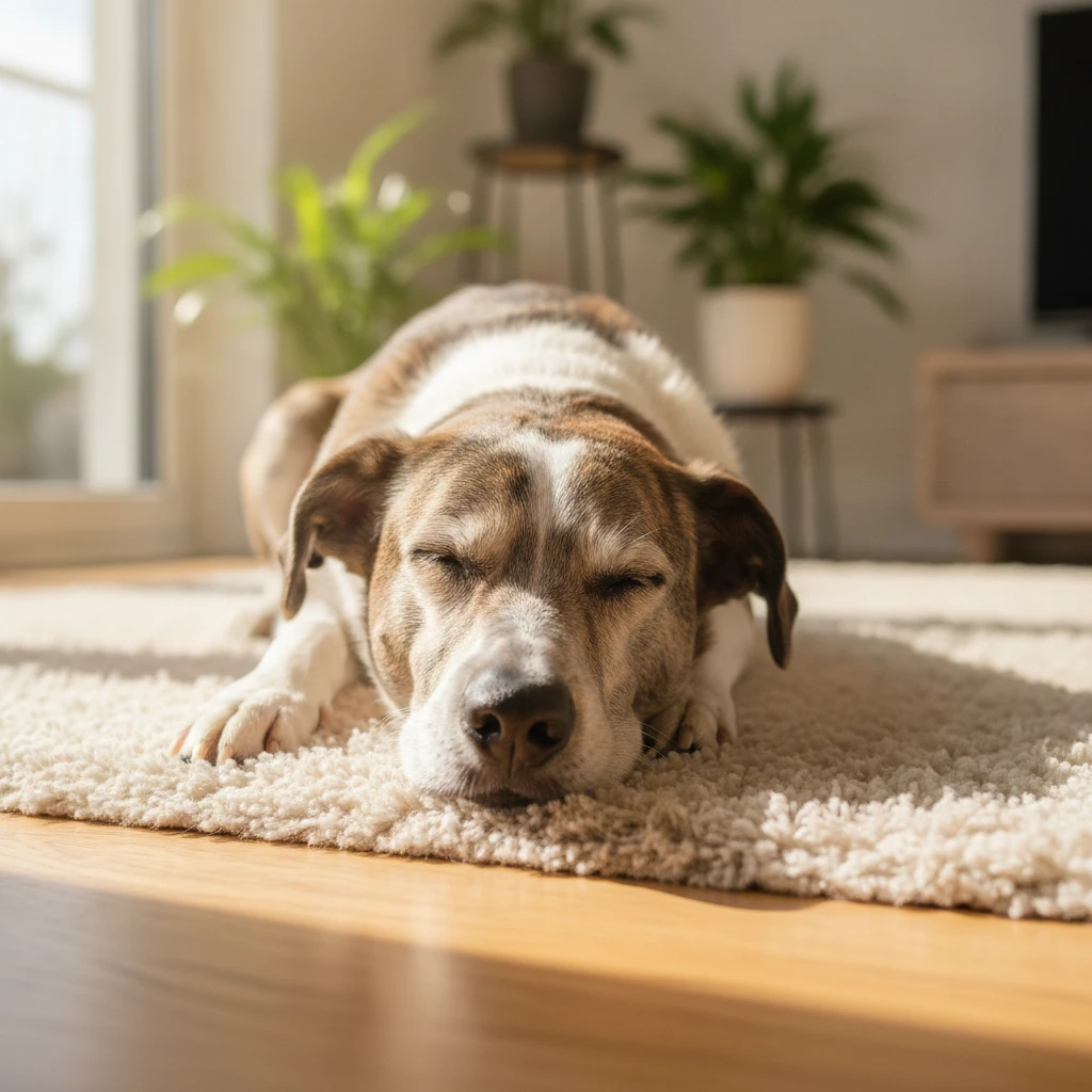 Calm mixed-breed dog resting safely on a rug in a home environment