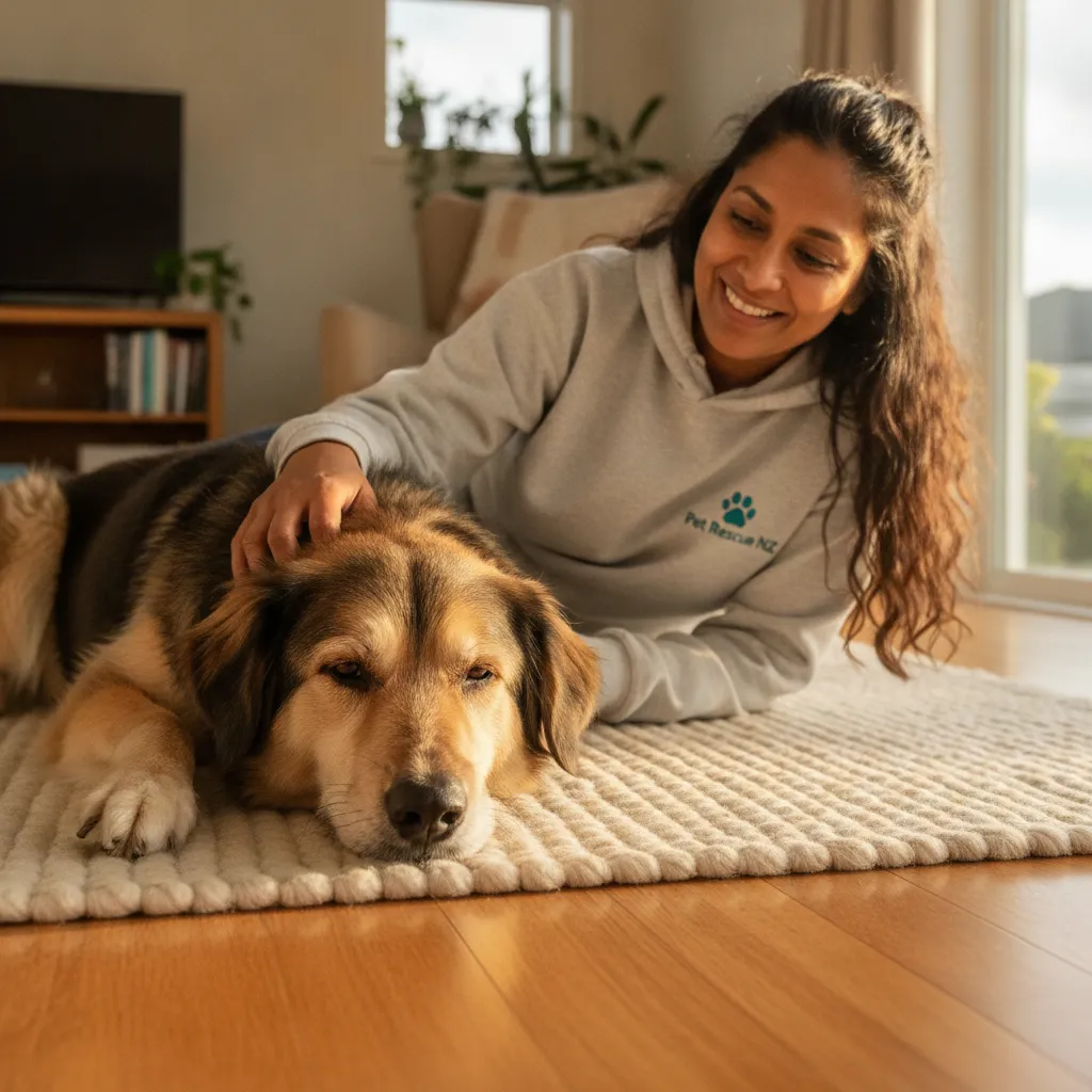Close up of a calm dog resting safely in a home environment, representing zero cage time adoption