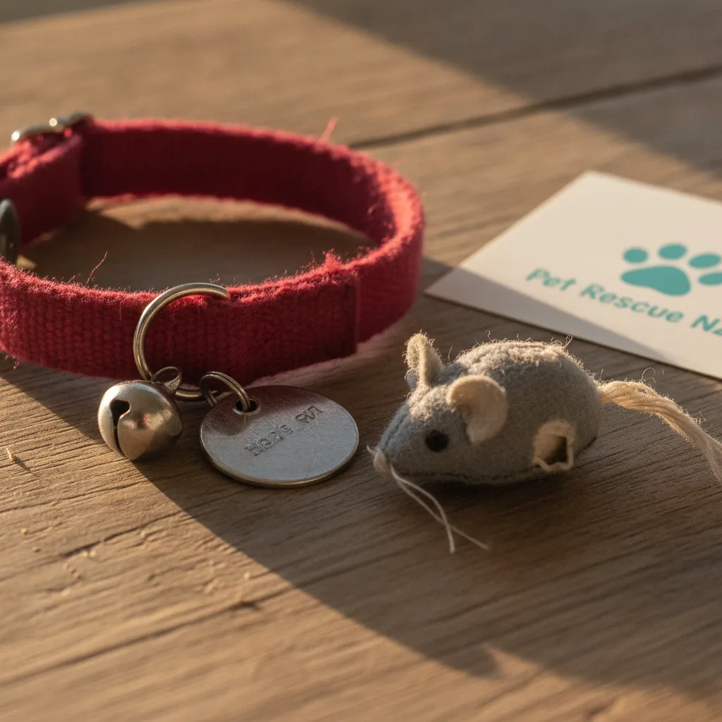 Close up of a cat collar and toy on a wooden table