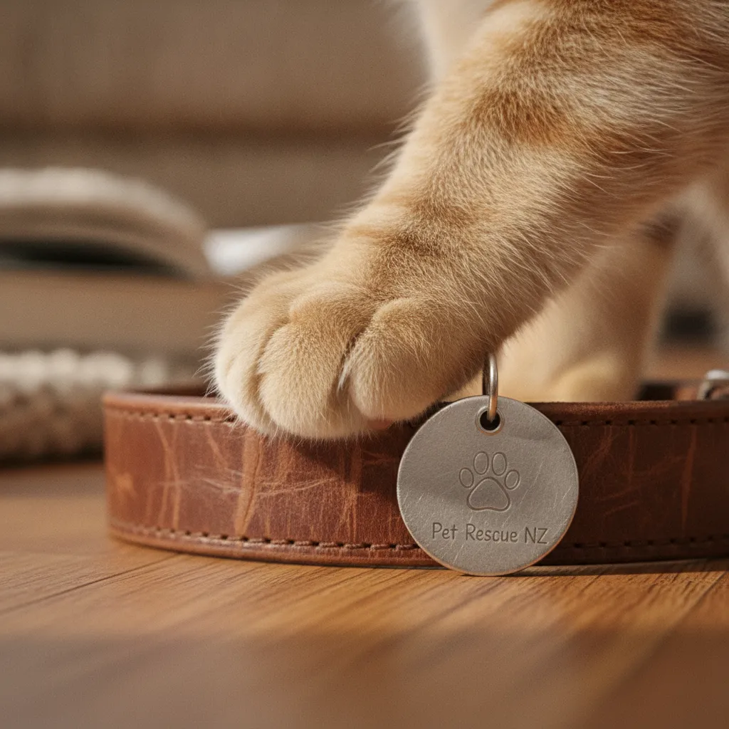 Close-up of a cat paw and a worn leather pet collar with a metal registration tag