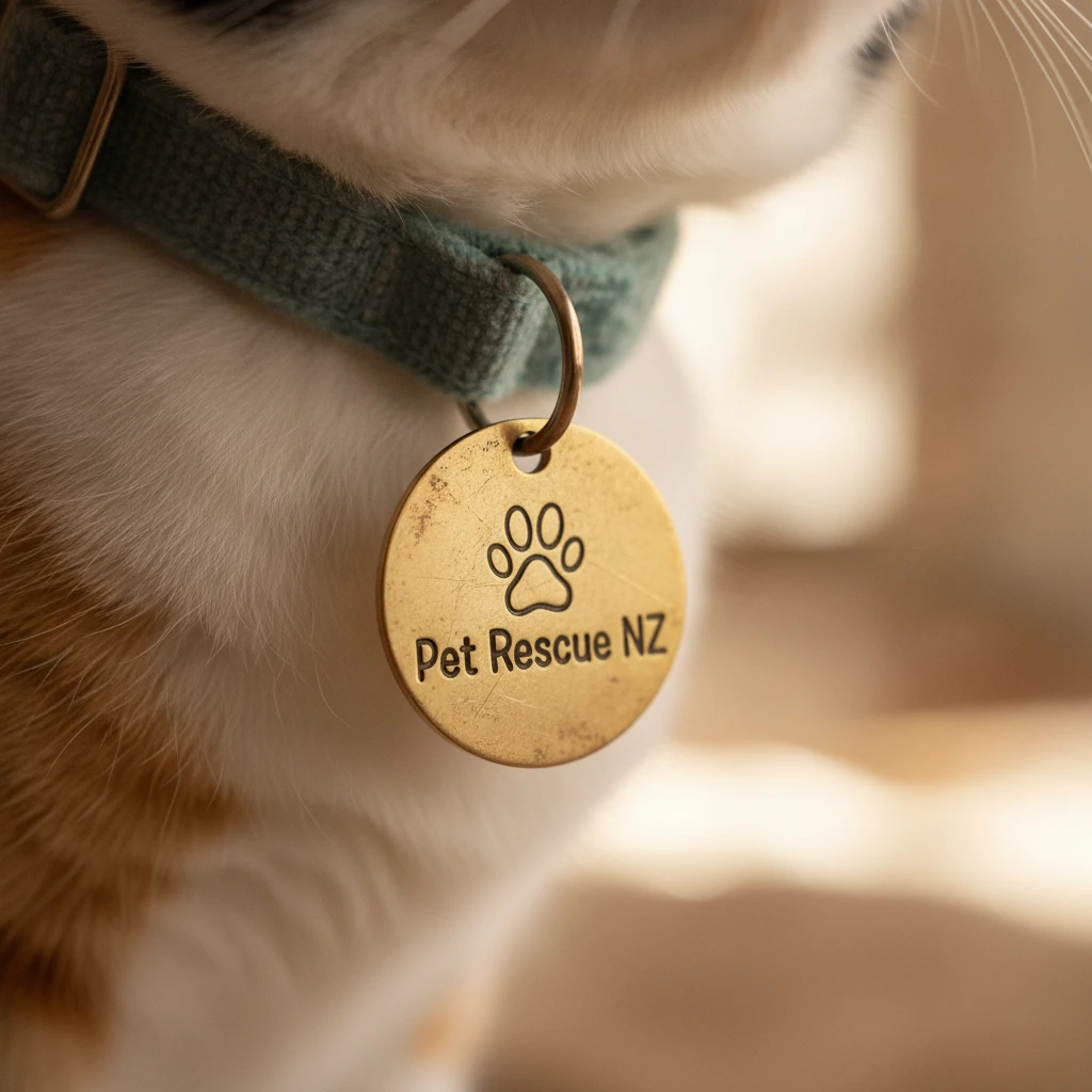 Close up of a cat's collar and microchip tag, representing safe and legal pet rehoming in New Zealand
