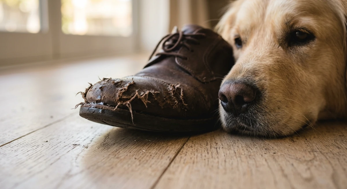 Close up of a chewed leather shoe highlighting destructive dog behaviour