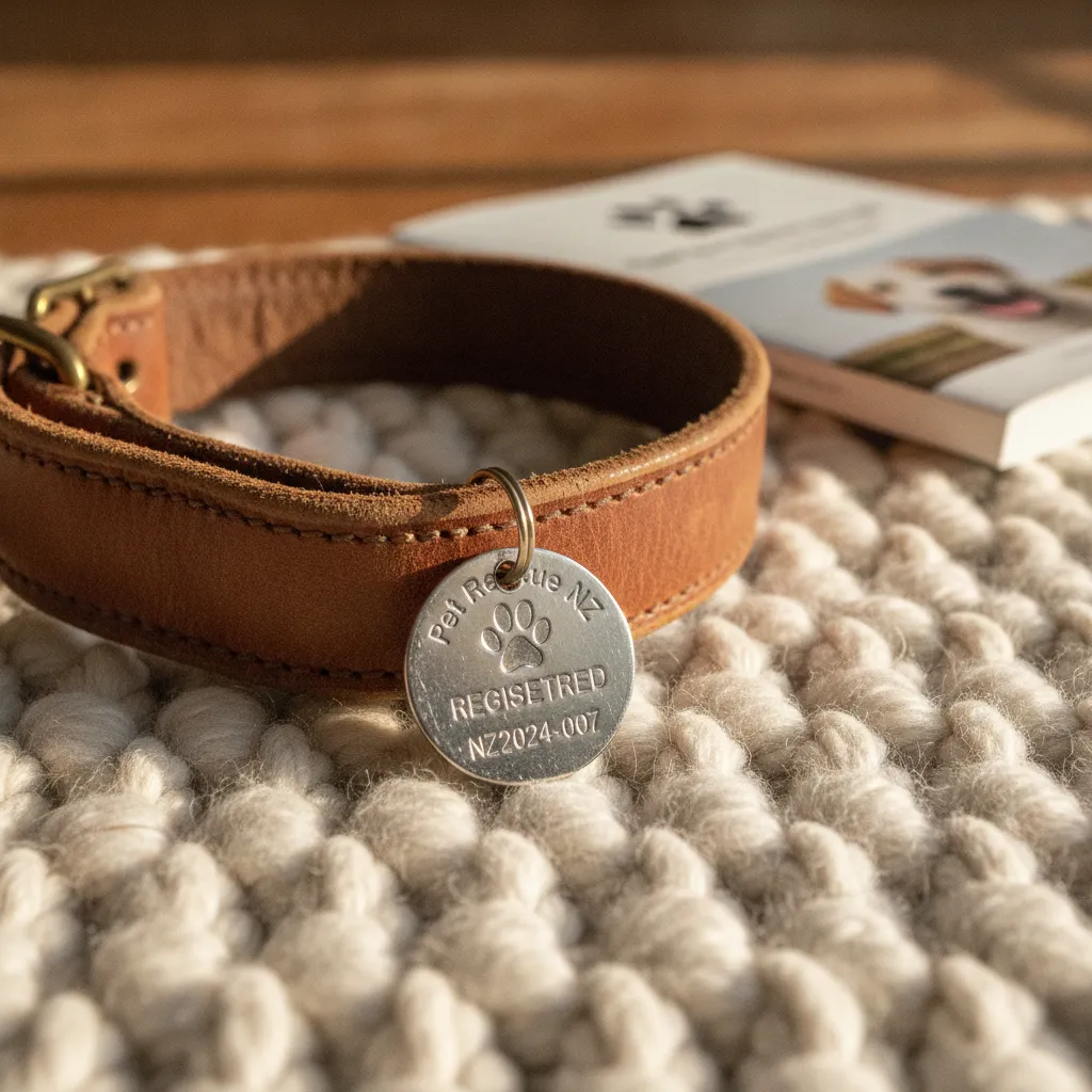 Close up of a dog collar and council registration tag resting on a rug