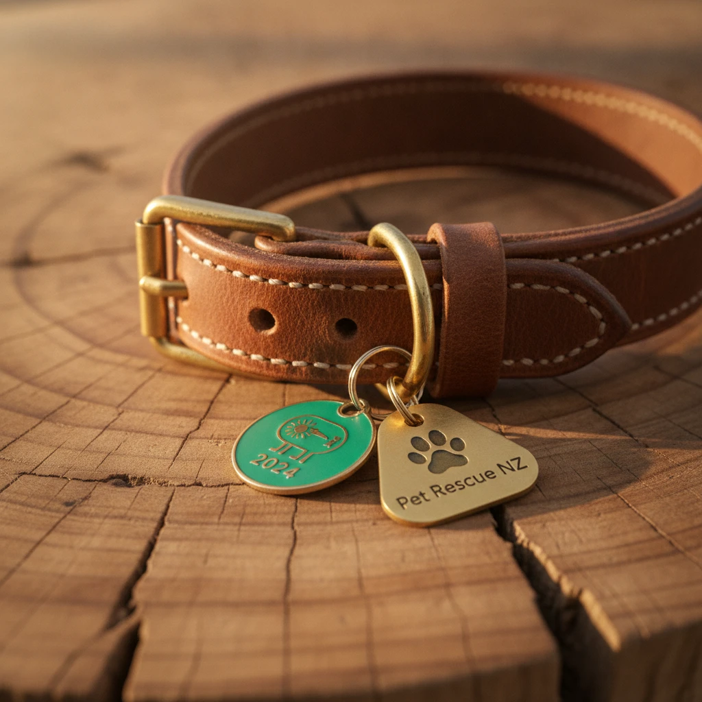 Close up of a dog collar and council registration tag on a table