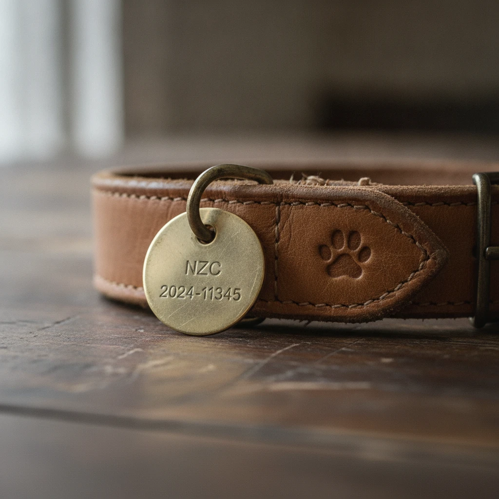 Close up of a dog collar and council tag representing legal ownership and registration in NZ