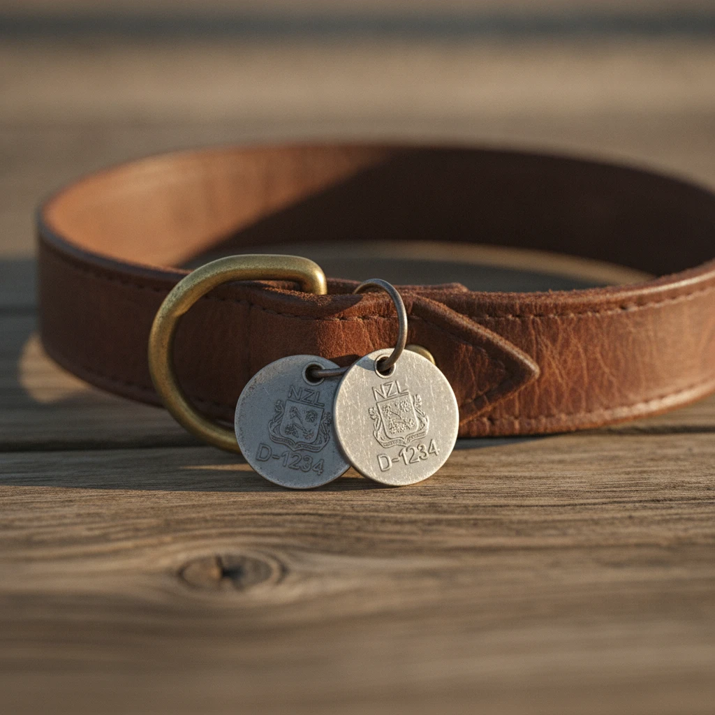 Close up of a dog collar and local council registration tags