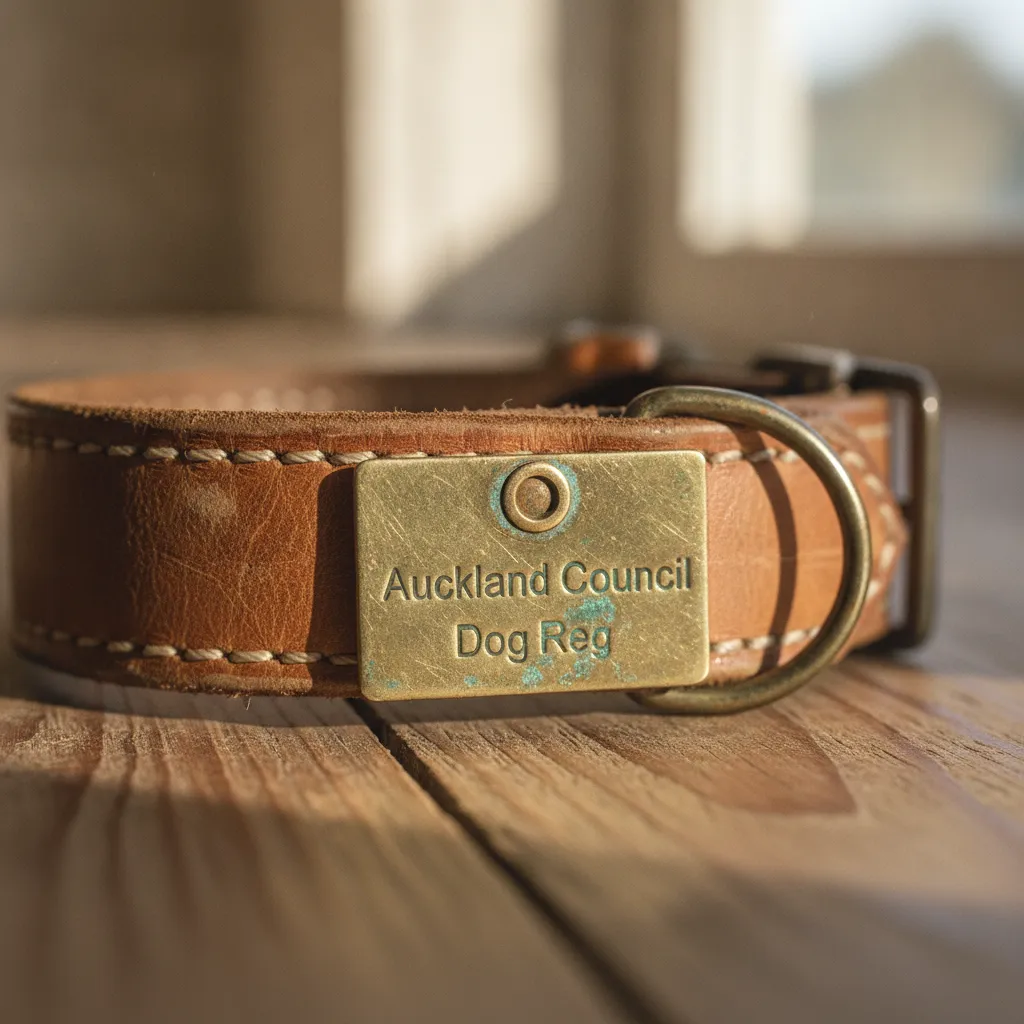 Close up of a dog collar and New Zealand council registration tag