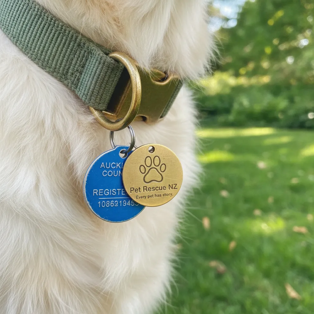 Close-up of a dog collar and New Zealand council registration tag